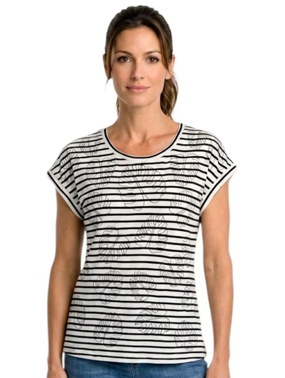 Skies Are Blue Navy Blue & White Stripe Leaf Embroidery Rolled Sleeve Top Size M